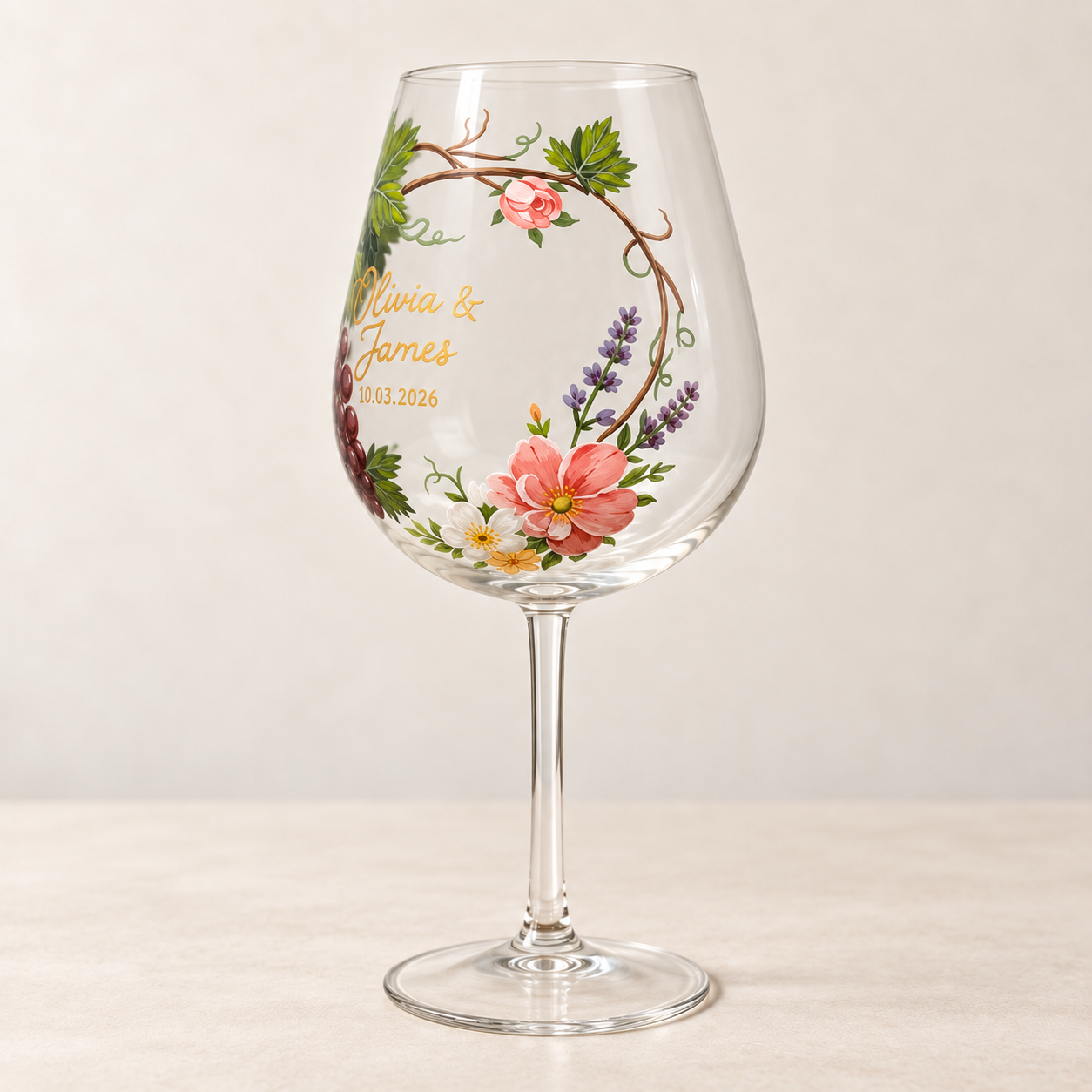 Side view of floral grape vine stemmed wine glass