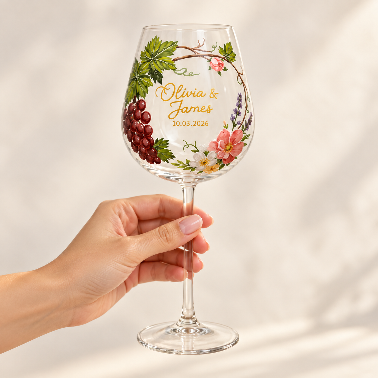 Hand holding personalized grape vine wine glass to show scale
