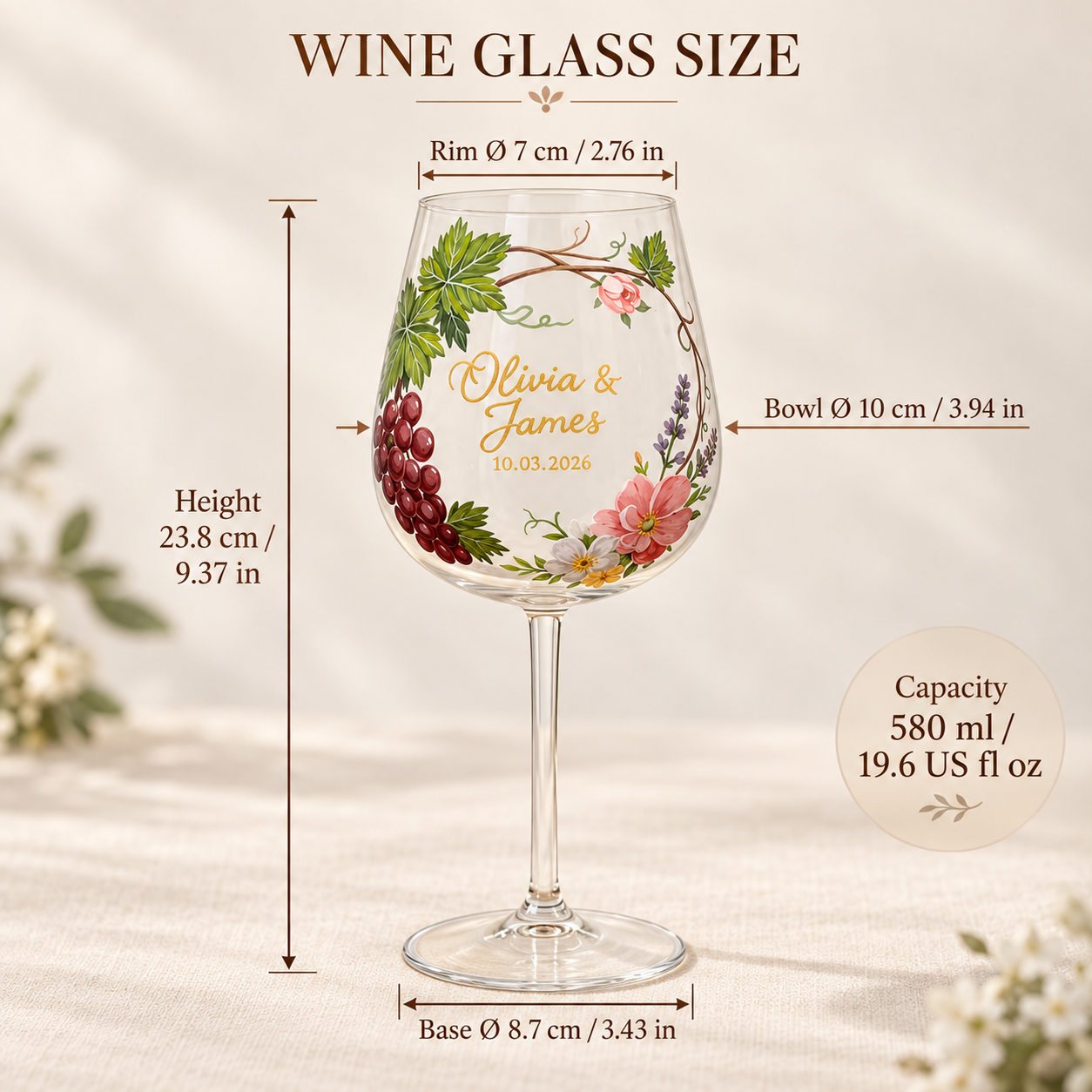 Wine glass dimensions: 580 ml capacity and 23.8 cm height