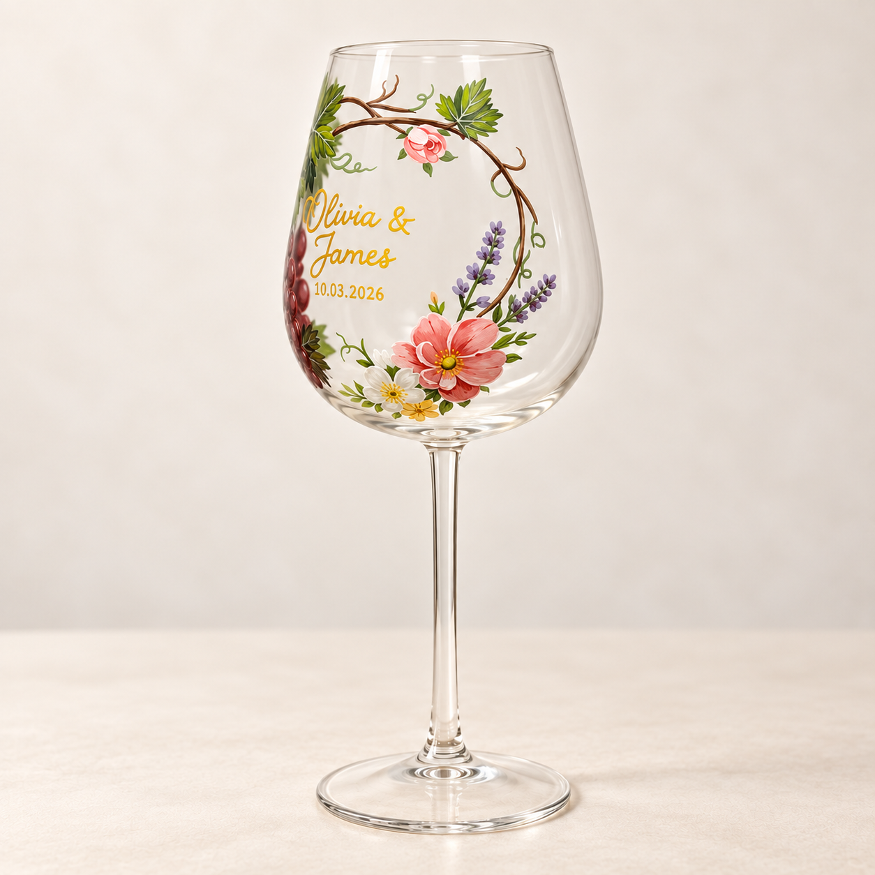 Front view of botanical wine glass with optional custom names